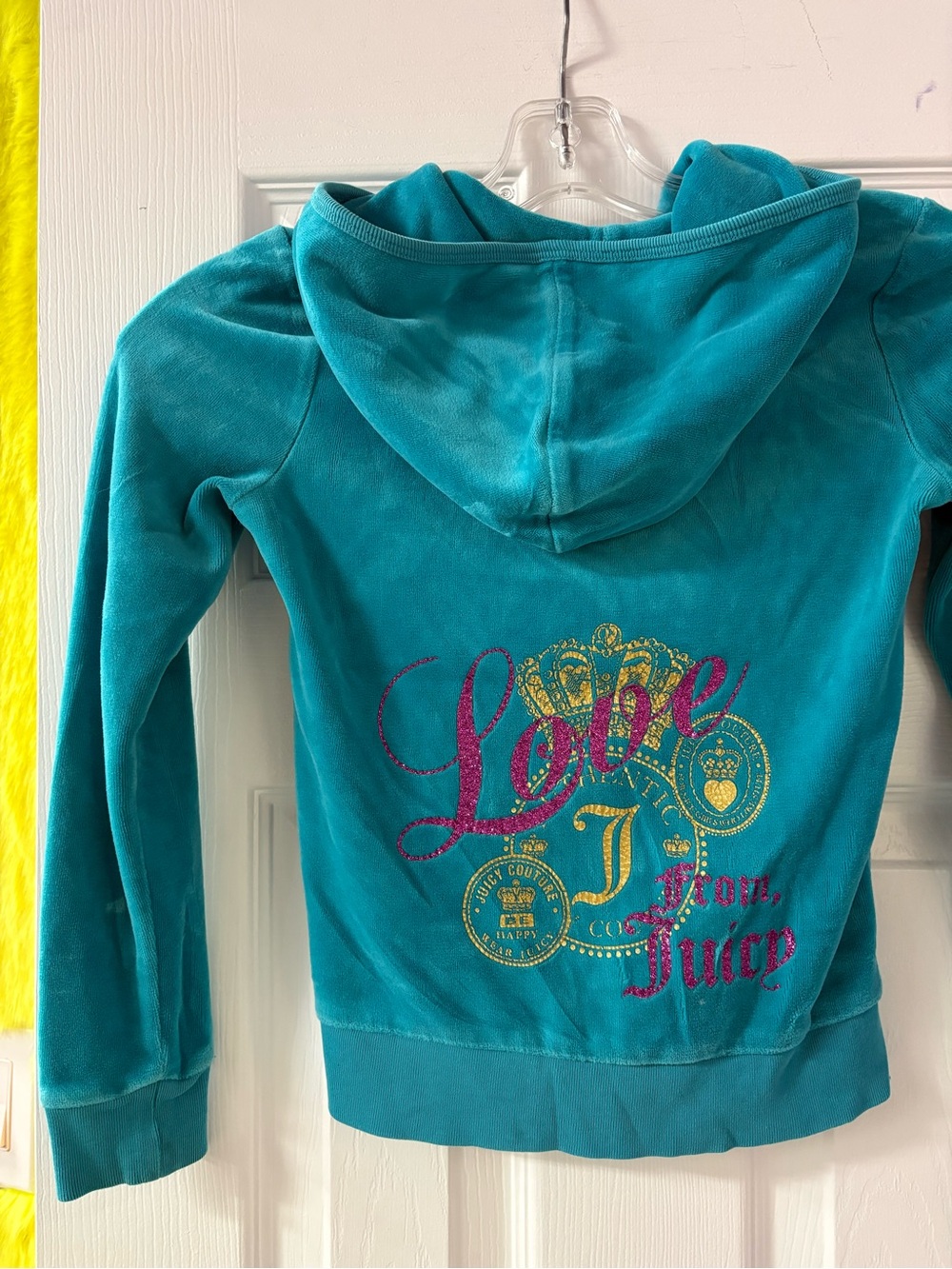 Vintage Y2K Kids Juicy Couture Girls' Teal Velour Hoodie - Love from Juicy